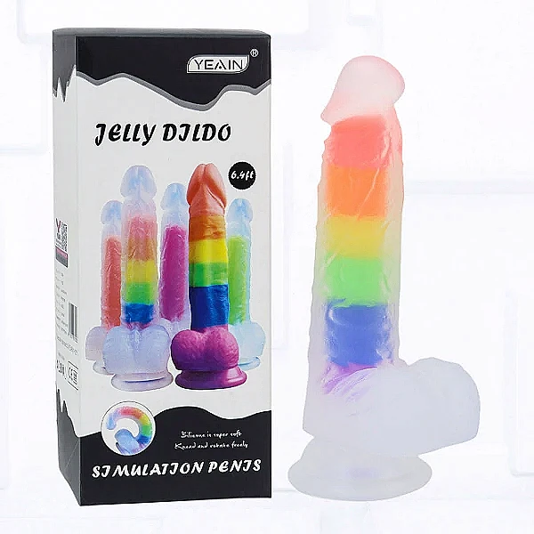Dương vật giả có đế Jelly Dildo trong suốt 7 sắc màu cầu vồng
