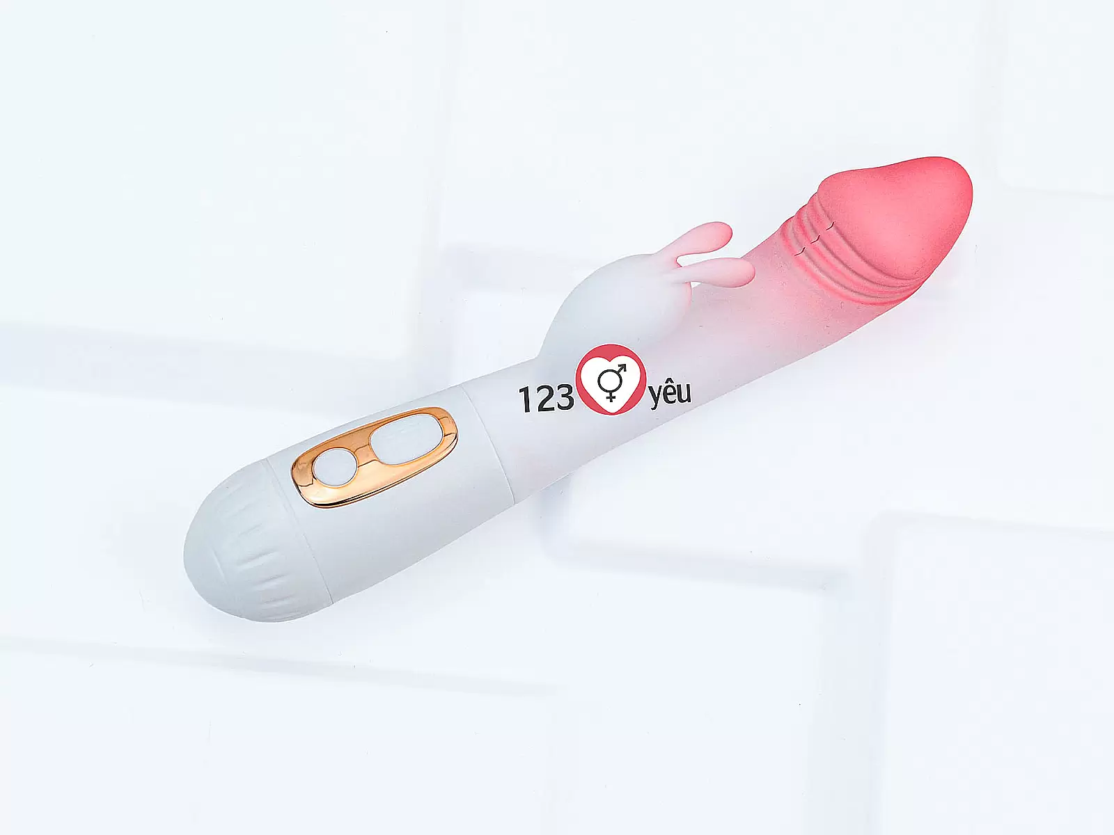 Dương vật giả đa năng có nhánh tai thỏ JIUAI trắng hồng pin sạc