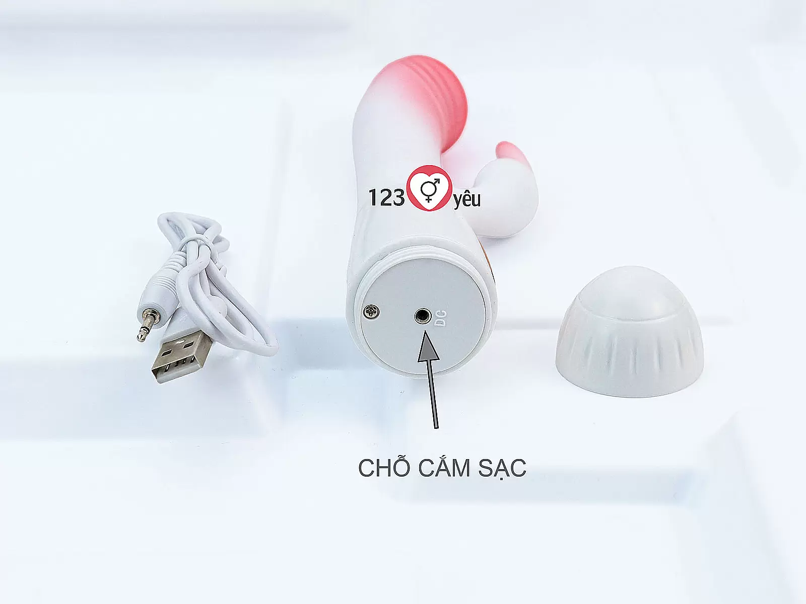 Dương vật giả đa năng có nhánh tai thỏ JIUAI trắng hồng pin sạc