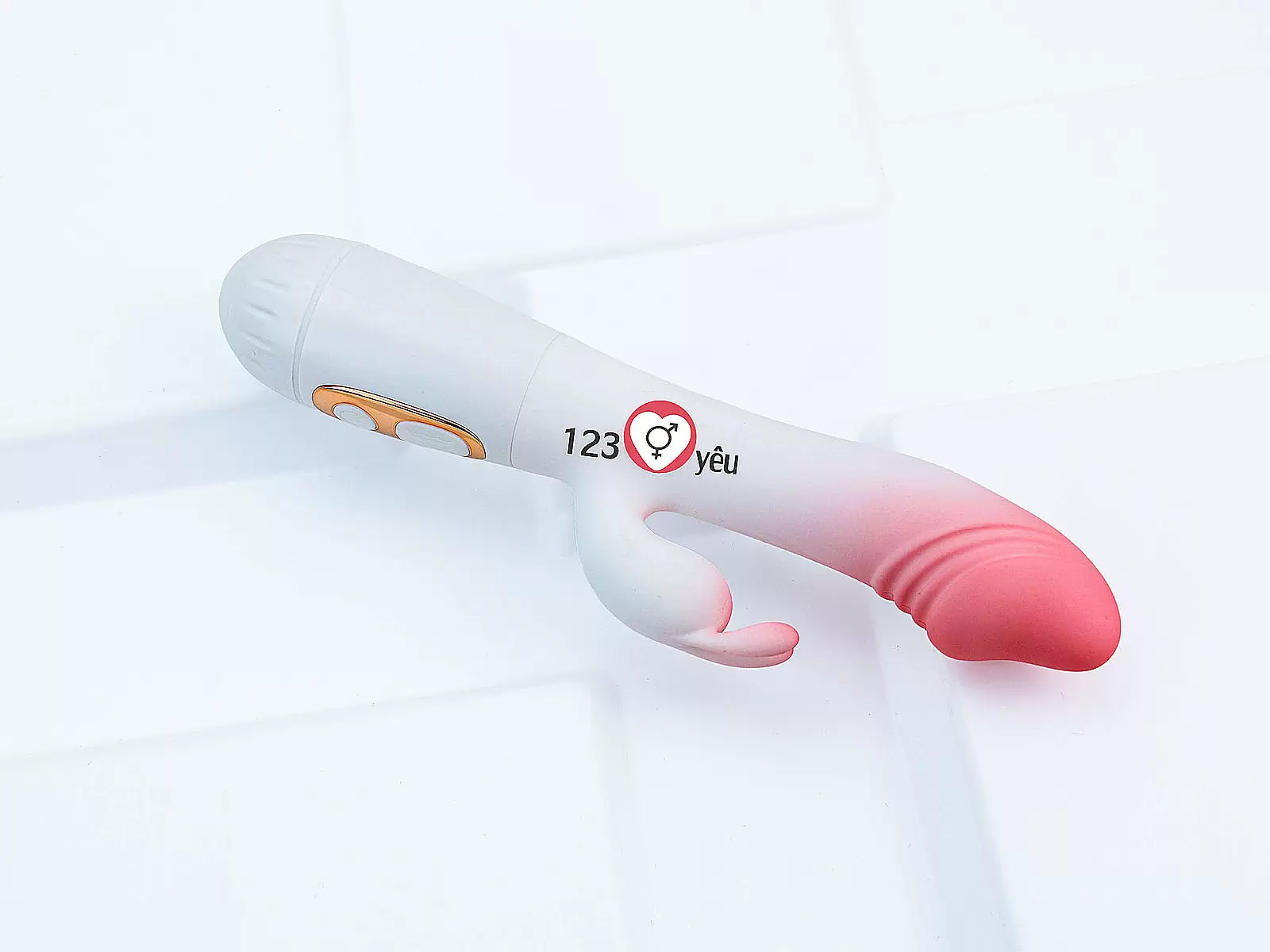 Dương vật giả đa năng có nhánh tai thỏ JIUAI trắng hồng pin sạc