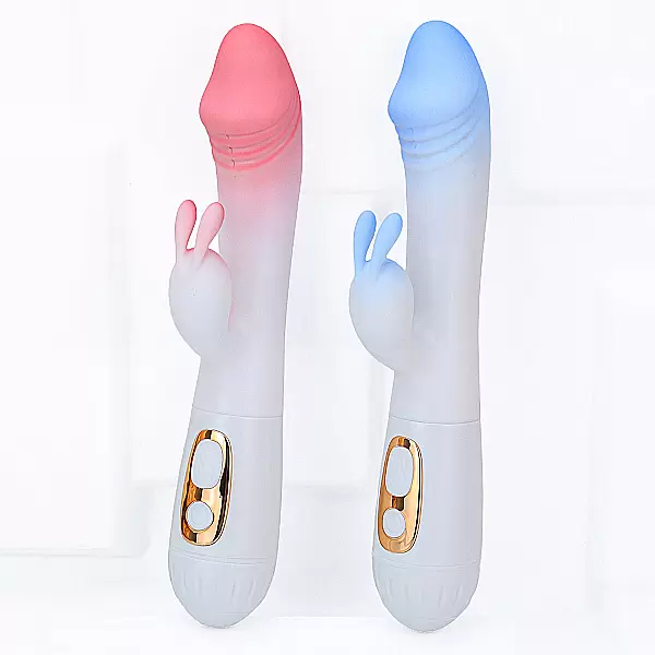 Dương vật giả đa năng có nhánh tai thỏ JIUAI trắng hồng pin sạc
