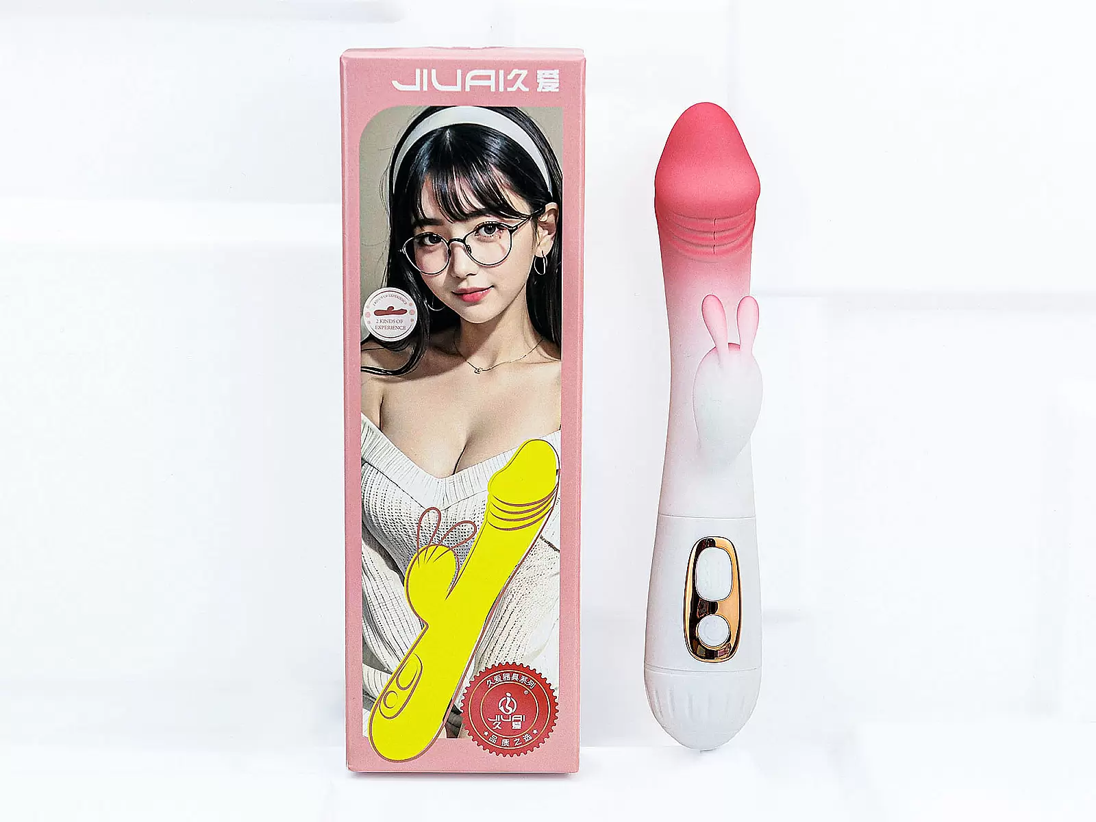 Dương vật giả đa năng có nhánh tai thỏ JIUAI trắng hồng pin sạc