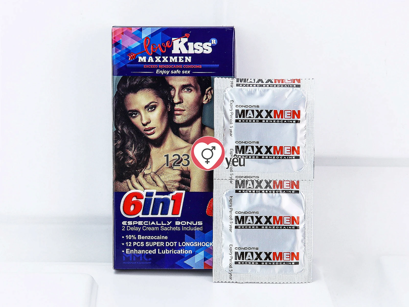 Bao Cao Su Love Kiss MaxxMen 6in1 dài thời gian, bề mặt gân gai tăng kích thích, hương dâu thơm nhẹ