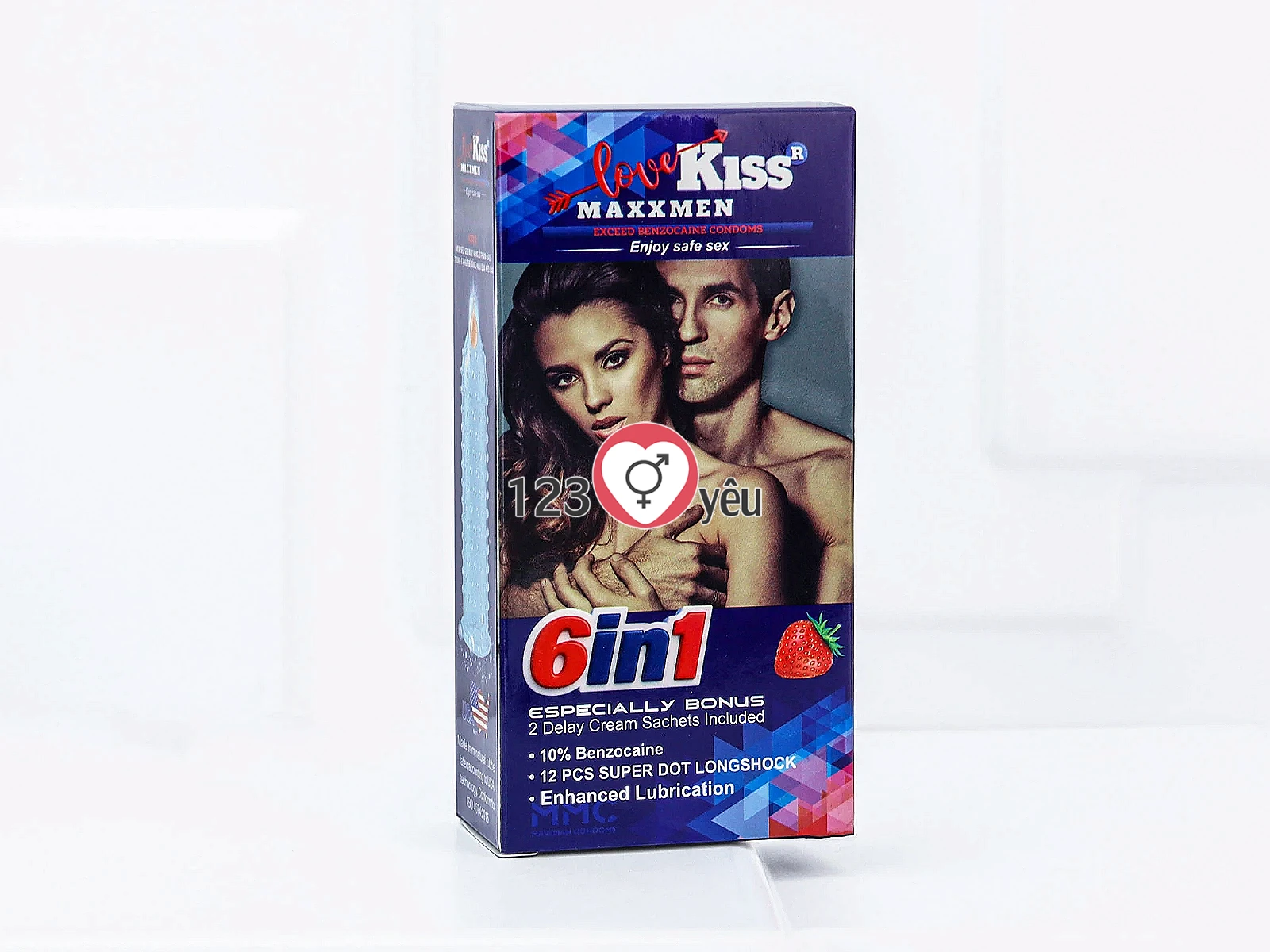 Bao Cao Su Love Kiss MaxxMen 6in1 dài thời gian, bề mặt gân gai tăng kích thích, hương dâu thơm nhẹ