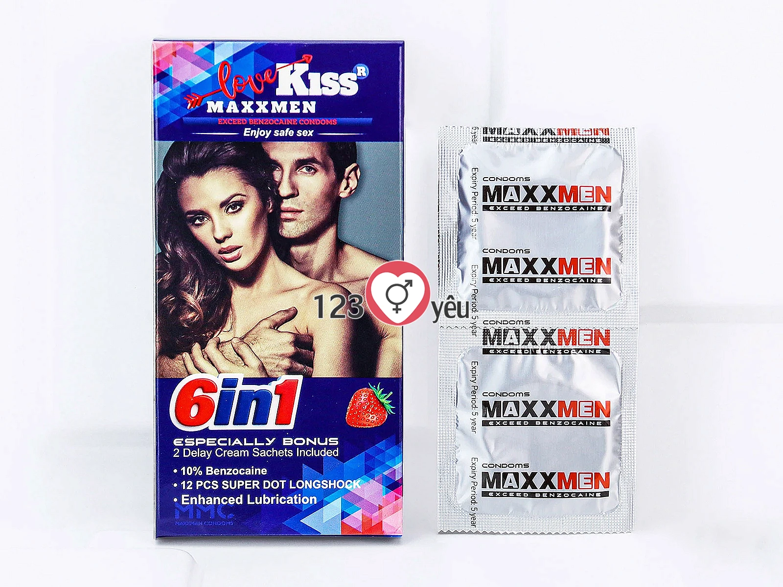Bao Cao Su Love Kiss MaxxMen 6in1 dài thời gian, bề mặt gân gai tăng kích thích, hương dâu thơm nhẹ