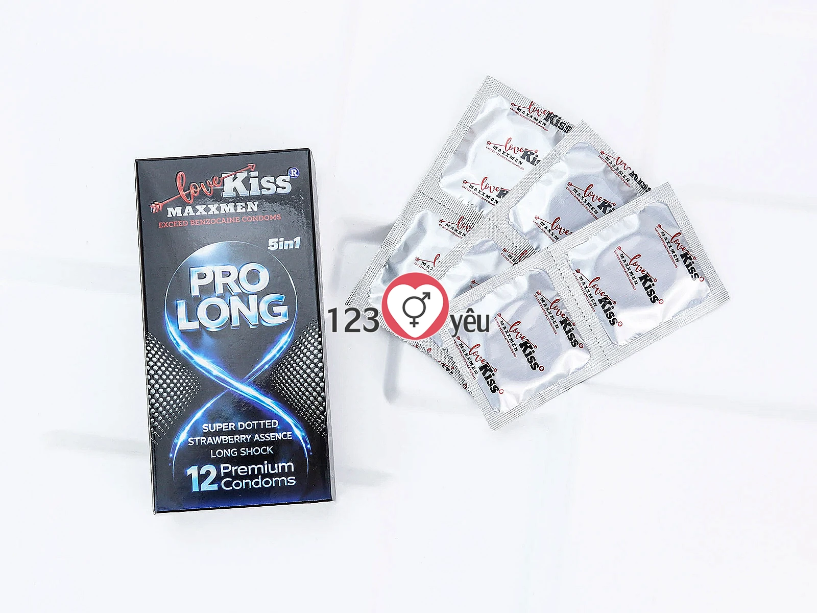 Bao cao su Love Kiss Maxxmen Pro Long 5in1 chấm nổi kích thích, hương dâu, hỗ trợ kéo dài thời gian