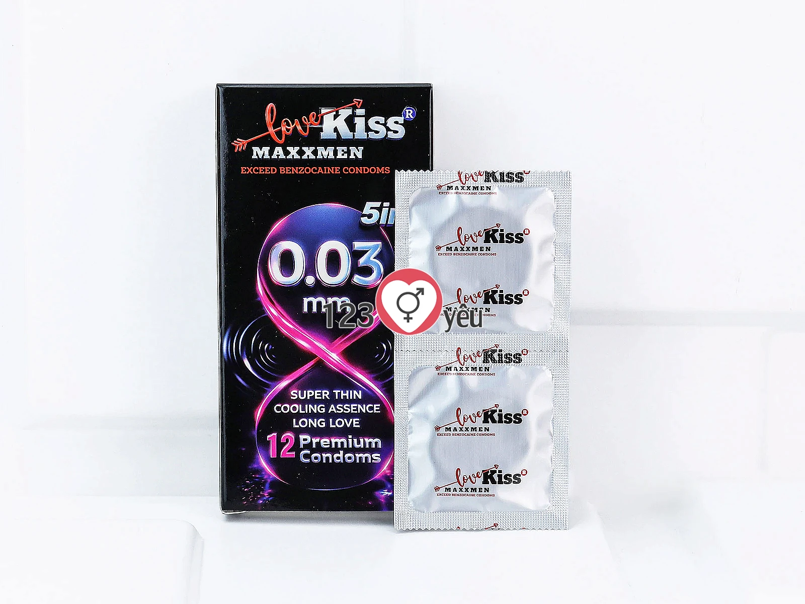 Bao cao su Love Kiss MaxxMen 0.03mm 5in1 kéo dài thời gian, siêu mỏng hương bạc hà mát lạnh