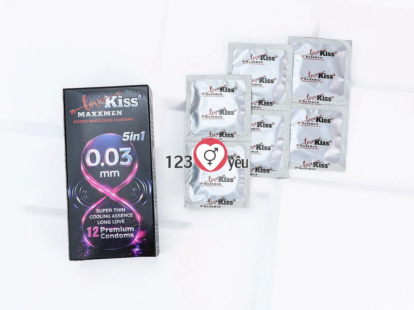 Bao cao su Love Kiss MaxxMen 0.03mm 5in1 kéo dài thời gian, siêu mỏng hương bạc hà mát lạnh