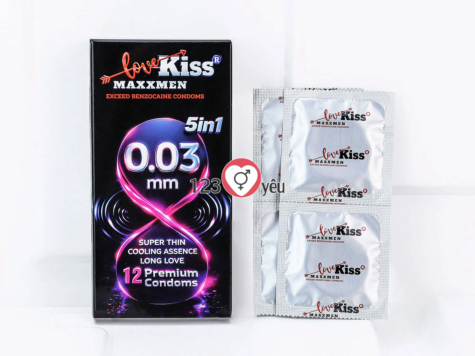 Bao cao su Love Kiss MaxxMen 0.03mm 5in1 kéo dài thời gian, siêu mỏng hương bạc hà mát lạnh