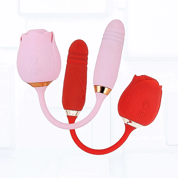 Trứng rung hoa hồng hai đầu lưỡi đánh và trứng rung thụt pin sạc